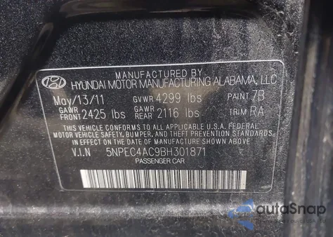 2011 Hyundai Sonata Limited из США, поврежденный, VIN 5NPEC4AC9BH301871